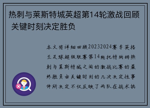 热刺与莱斯特城英超第14轮激战回顾 关键时刻决定胜负
