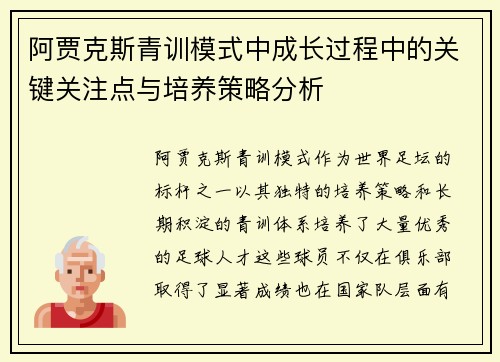 阿贾克斯青训模式中成长过程中的关键关注点与培养策略分析 阿贾克斯青训模式中成长过程中的关键关注点与培养策略分析