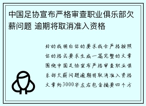 中国足协宣布严格审查职业俱乐部欠薪问题 逾期将取消准入资格