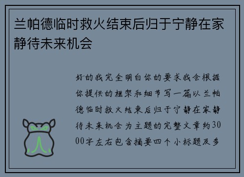 兰帕德临时救火结束后归于宁静在家静待未来机会